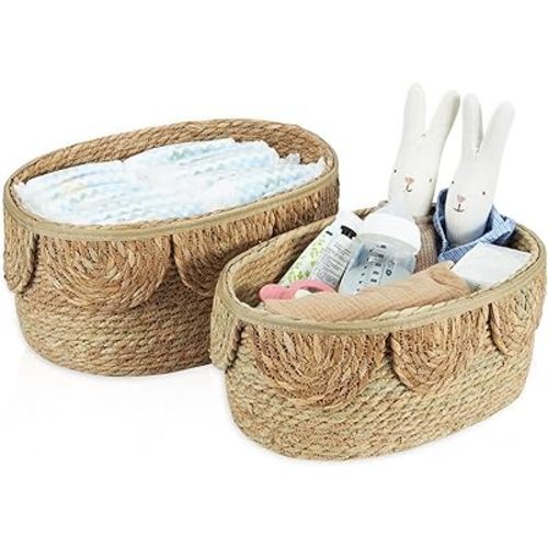 FairyHaus Scalloped Basket 2Pack, Natural Seagrass Wicker Storage Basket for Nursery, Handwoven Scalloped Baskets for Diaper Storage, Large and Small Oval Baskets, 15 x 11 x 7 & 13.38 x 9.45 x 6.5"