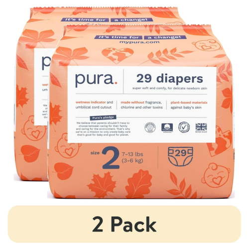(2 pack) Pura Sensitive Soft Sustainable Baby Diapers Size 2, 29 Count (Choose Your Size and Count)