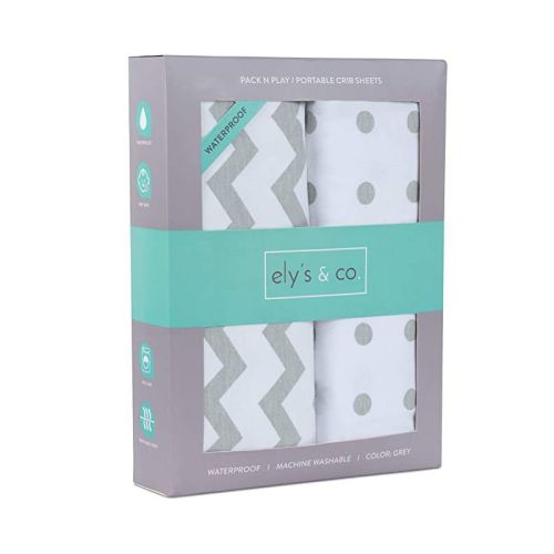 Ely's & Co. Baby Waterproof Fitted Pack N Play - Mini Crib Sheet 100% Combed Jersey Cotton Grey Chevron And Polka Dots 2 Pack