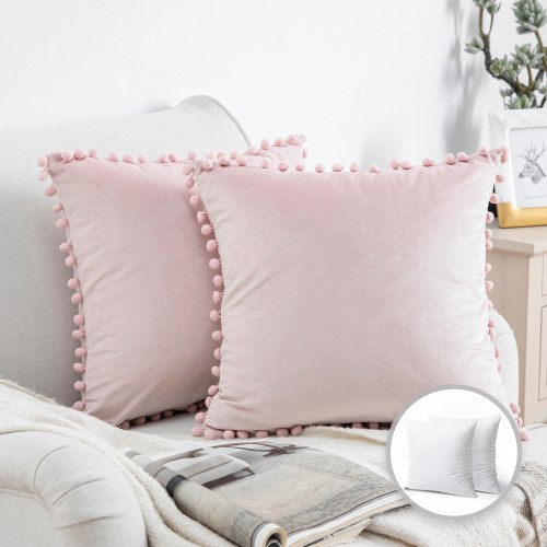 Phantoscope Throw Pillow with Insert，Silky Velvet Series Pom Pom Decorative pillow, 18" x 18", Light Pink, 2 Pack