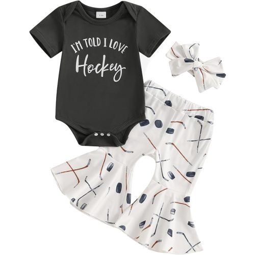 Infant Baby Girl Summer Outfit I'm Told I Love Hockey Short Sleeve Romper Flared Pants Headband Newborn Spring Clothes