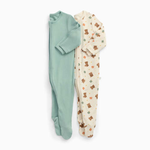 Teddy Bear & Ribbed Clever Zip Sleepsuit 2 Pack Gardenia - 0-3M
