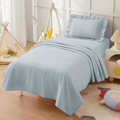 KKJIAF 3 Piece Toddler Sheet Set Microfiber, Includes a Flat Sheet, a Fitted Sheet and a Ruffle Pillowcase, Sage Green