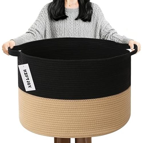 90L Extra Large Blanket Basket,Woven Laundry Basket-Black&Camel