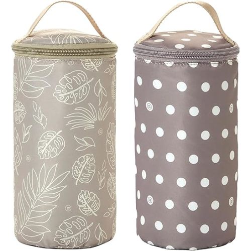 TWELVElittle Insulated Bottle Pouch, Portable Baby Bottle Practical Cooler Bag, Portable Travel Bottle Warmer for On-The-Go Convenience, Breastmilk Storage Bag, 2-Pack, Leaf & Polka Dot