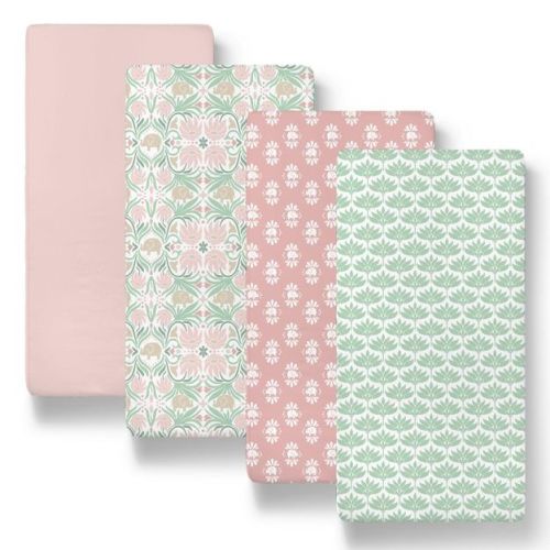 The Peanutshell Botanical Elephant Bassinet Sheets for Newborn Baby Girl, 4 Pack Set
