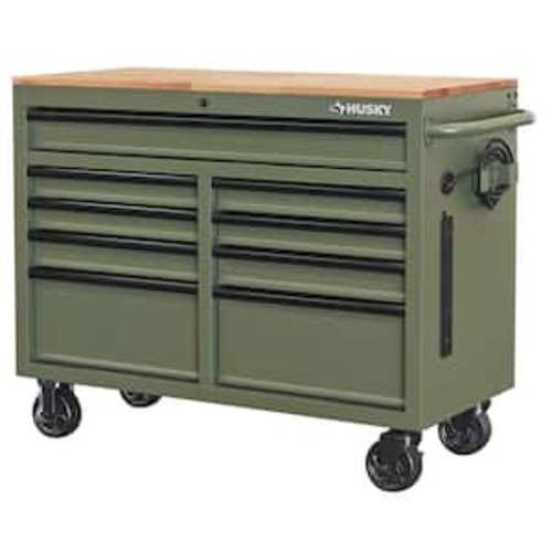 46 in. W x 18.1 in. D 9-Drawer Army Green Mobile Workbench Cabinet with Solid Wood Top