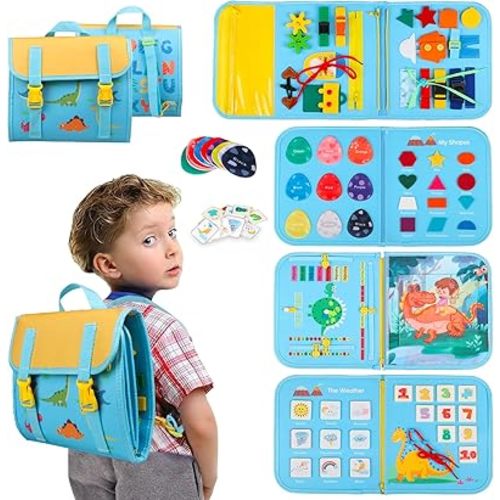 Busy Board Montessori Toys for 1 2 3 4 Year Old Boy Birthday Gift, Preschool Educational Activities Busy Book for Learning Fine Motor & Life Skills, Toddler Sensory Travel Toys for Airplane Car (Blue)
