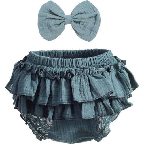 Baby Girl Cotton Bloomers and Bows Toddlers Ruffle Shorts Diaper Covers Headband Set