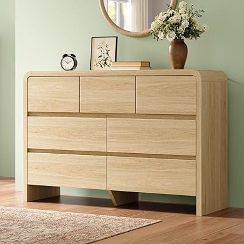 AMERLIFE 7 Drawer Dresser for Bedroom, 49" Wide Modern Chest of Storage Drawers with Rounded Corners, Anti-Tip Kit, Wood Cabinet Organizer for Closet, Living Room, Nursery, Easy Assembly, Light Oak
