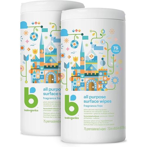 Babyganics All Purpose Surface Wipes, Fragrance Free, 75 Count (Pack of 2), Plant Based and Non-Abrasive, No Ammonia, No Bleach