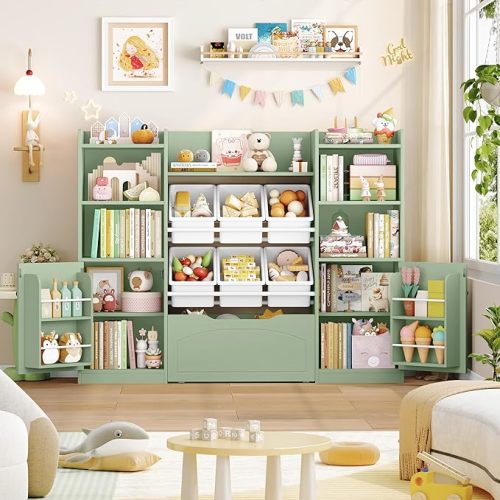 FINETONES Toy Storage Organizer with Removable Bins, 5-in-1 Kids Bookshelf with Movable Chests and Book Shelves Behind The Doors, 55” Toy Organizer Playroom with 6 Toy Bins and 8 Storage Cubes, Green