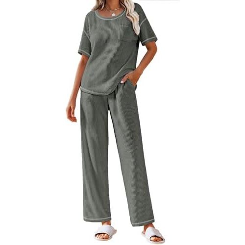 Ekouaer Women Waffle Knit Lounge Sets Short Sleeve Top and Long Pant Pajama Set Loungewear 2 Piece Pjs Set with Pockets