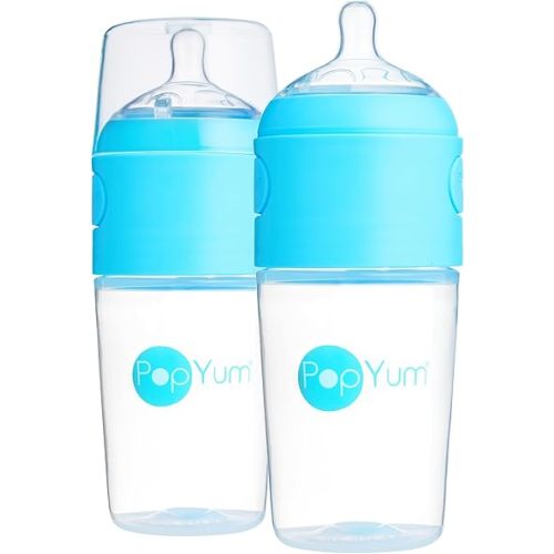 PopYum 9 oz Blue Anti-Colic Formula Making/Mixing/Dispenser Baby Bottles, 2-Pack with #2 Medium Flow Nipples, 260 ml, BPA-Free, Natural Latch