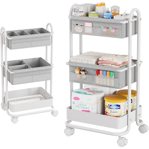 Modanais Baby Diaper Caddy Organizer Cart - 3 Tier Rolling Cart, Light Gray | Lockable Wheels, Baby Essentials Nursery Storage, Detachable Dividers - for Crib, Bedroom, Art & Craft Organizer