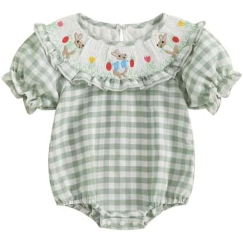 Adobabirl Baby Girl Easter Outfit Bunny Embroidery Smocked Bubble Romper Plaid Short Sleeve Bodysuit Cute Summer Clothes