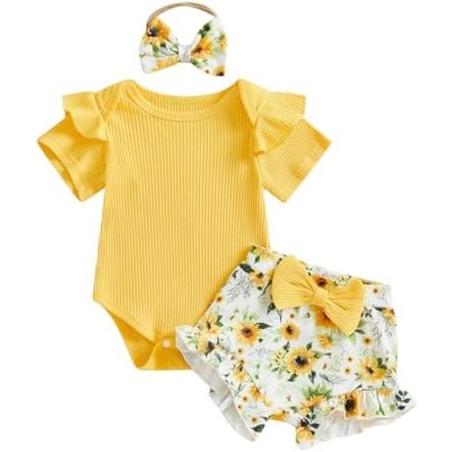 Newborn Infant Baby Girl Summer Clothes Rib Frill Short Sleeve Romper Elastic Waist Shorts Headband 3Pcs Outfits Set