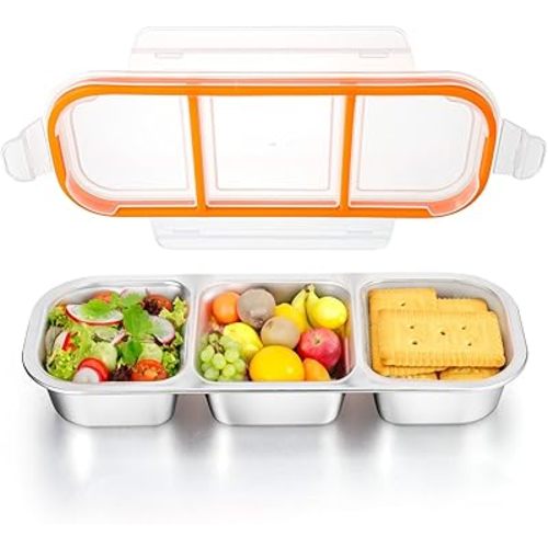 Palksky Snackle Box Container Stainless Steel, Reusable Snack Containers with Lids, 3 Compartment Divided Food Storage Containers for School, Home, Travel