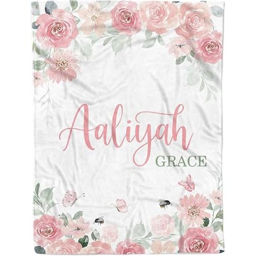 Arteaga Personalized Baby Blanket for Girls, Customized Floral Rose Blanket for Newborn, Super Soft Plush Fleece, 30''x40''