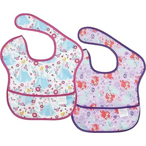 Bumkins Disney Bibs for Girl or Boy, SuperBib Baby and Toddler for 6-24 Months, Essential Must Have for Eating, Feeding, Baby Led Weaning, Mess Saving Waterproof Soft Fabric, 2-pk Princess