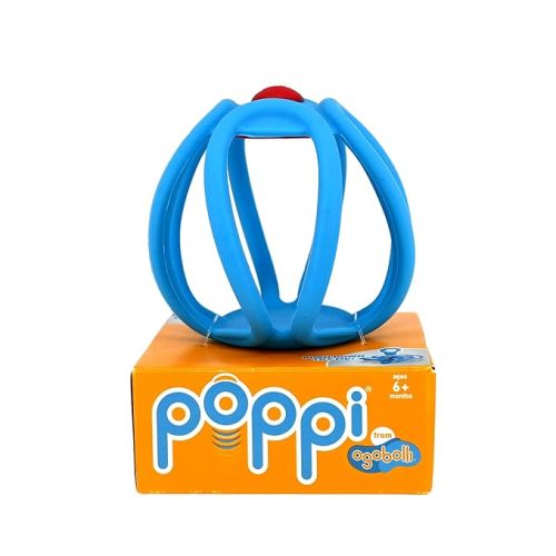 OgoBolli Poppi Teether Ring Tactile Sensory Ball and Pop Up Popper Toy for Babies & Toddlers - Stretchy, Squishy, Soft, Non-Toxic Silicone - Boys and Girls Age 6+ Months - Blue