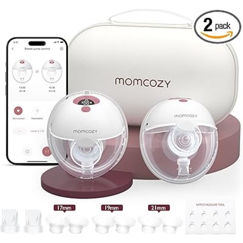 Momcozy M5 Smart APP Controlled Wearable Breast Pump, Hands-Free Wireless Electric Pump, 3 Modes 9 Suction Levels, BPA-Free, Portable Lightweight, 24mm Flange, 2-Pack Cozy Red