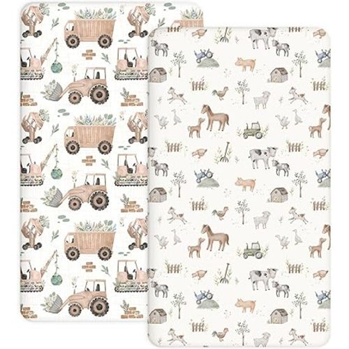 Pack and Play Sheets 2 Pack, Fitted Jersey Knit Mini Crib Sheets for Baby Boys and Girls, Compatible with Graco Pack N Play and Mini Crib Mattress (Little Farm, Pack N Play/Mini Crib Sheets)