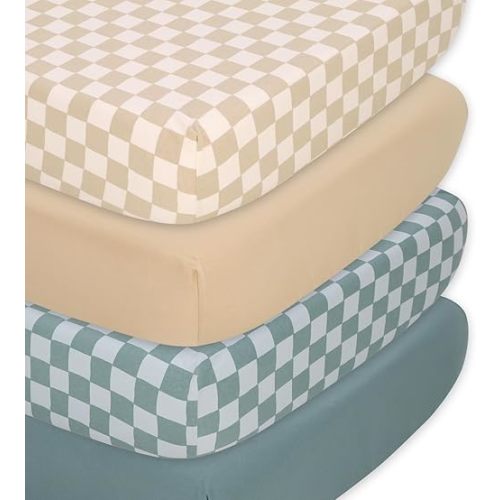 The Peanutshell 4-Pack Organic Fitted Crib Sheet Set - Soft & Breathable Baby Girl or Boy Crib Sheets, 100% Jersey Cotton Nursery Decor, Fit for Standard Mattress Cover- Check