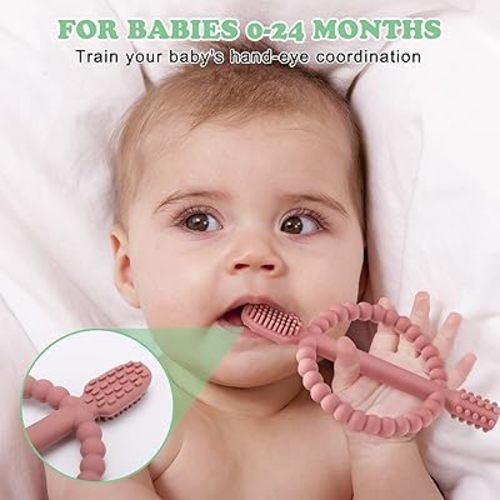 Baby Teething Toys with Easy-Hold Handle, Silicone Infant Toothbrush, Textured On Both Sides Helps Massage, Soothe Sore Gums, Teething Toys for Babies 0-6 Months, 6-12 Months