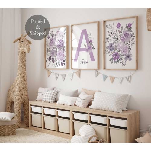 Purple Floral Nursery, Baby Girl Nursery Prints , Lavender Nursery wall art, Personalized Baby Name Print, Lilac Nursery, Flowers Girl Room
