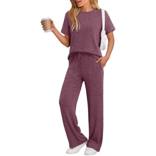 LILLUSORY 2 Piece Lounge Sets for Women Summer Vacation Outfits Matching Casual Wide Leg Pants Sets Ribbed Knit Pajamas 2025