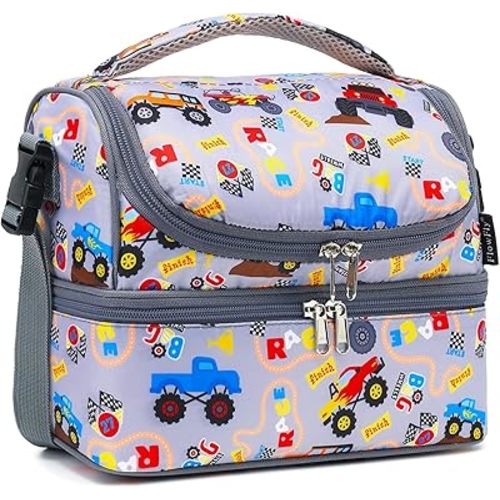FlowFly Double Decker Cooler Insulated Lunch Bag Large Tote for Boys, Girls, Men, Women, With Adjustable Strap (Truck)