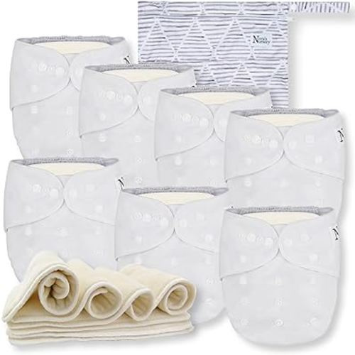 Nora's Nursery Cloth Diapers 7 Pack with 7 Inserts & 1 Wet Bag - Waterproof Cover, Washable, Reusable & One Size Adjustable Pocket Diapers for Newborns and Toddlers - Winter White