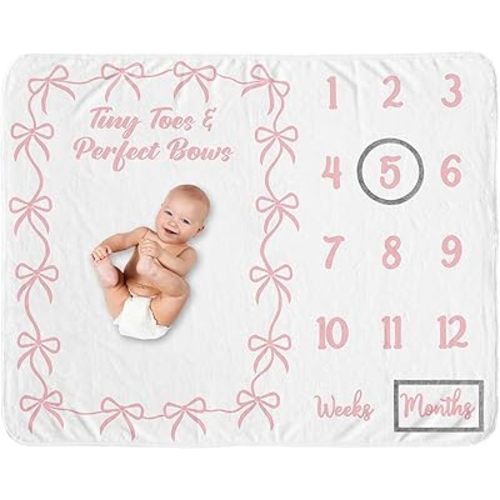 Sweet Jojo Designs Baby Milestone Blanket (Pink Bows) for Girls, Infant Receiving Blankets for First Year Monthly Newborn Photography Props (Elegant, Tiny Toes & Perfect Bow for the Ballet Collection)