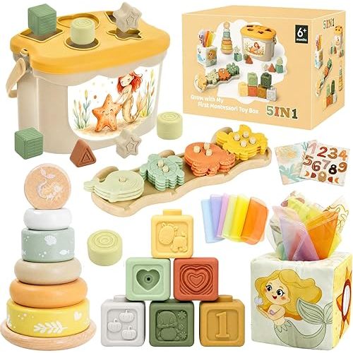 FEBALHS Montessori Toys for 6-12 Months, Mermaid Baby Toys for 6 Months+ with Montessori Sensory Baby Blocks Toy, Shape Sorter Developmental Toy for 1-3 Boys Girls Birthday Infant Toys