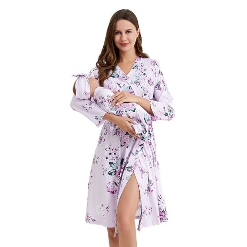 Galabloomer Flower Maternity Robe and Baby Receiving Blanket, Matching Mommy Labor Delivery Robe and Swaddle Set