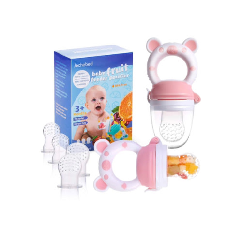 Baby Fruit Food Feeder Pacifier - Fresh Food Feeder, Infant Fruit Teething Teether Toy for 3-24 Months, 6 Pcs Silicone Pouches for Toddlers & Kids & Babies, 2-Pack (Light Pink)