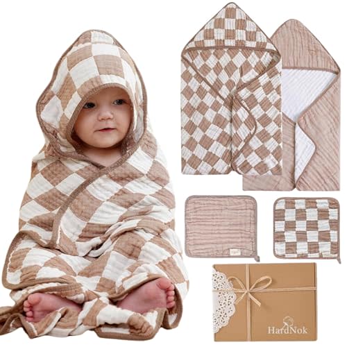 HardNok 4-Pc Ultra-Soft Muslin Baby Towel Set - Bath & Beach, (Coffee Checkered, 32“x32)