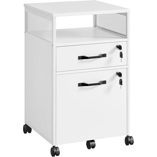 VASAGLE File Cabinet, Mobile Filing Cabinet with Wheels, 2 Lockable Drawers, Open Shelf, for A4, Letter Size, Hanging File Folders, Cloud White UOFC077W14
