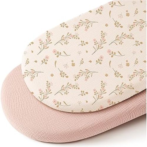 Konssy Muslin Bassinet Sheets for Baby Girl Boy, 2 Pack Soft Breathable Baby Bassinet Mattress Sheets Fit for Hourglass Oval Cradle, Moses Basket Rectangle Mattress (Floral, Pink)
