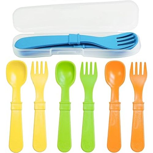 Re-Play Made in USA Toddler Forks and Spoons, Pack of 8 With Carrying Case - 4 Kids Forks with Rounded Tips and 4 Deep Scoop Toddler Spoons - 0.2" Thick Toddler Utensils with Case, Spring
