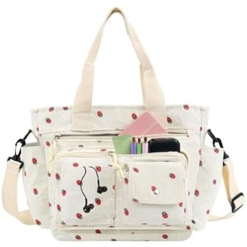 Strawberry Bag Tote Bag With Multi Pocket Women Crossbody Handbags Corduroy Purse Work Travel