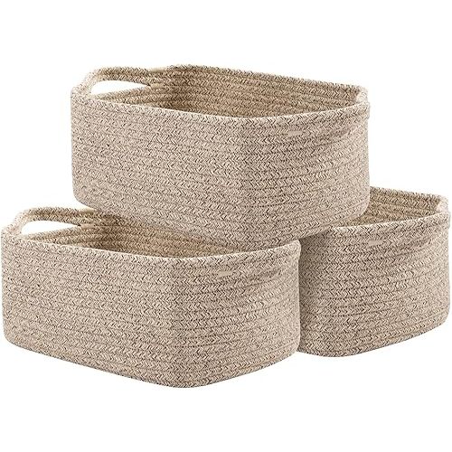 OIAHOMY Cotton Rope Baskets, Woven Baskets for Storage, Nursery Storage Baskets, Rectangle Storage Basket with Handles, Storage Baskets for Shelves, Pack of 3, Brown Variegated