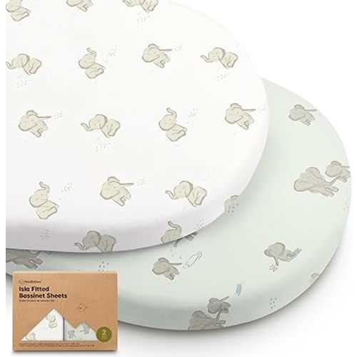 2-Pack Baby Bassinet Sheets Girl, Boy - Viscose Derived from Bamboo Fitted Bassinet Sheets Compatible with Halo Bassinest Swivel Sleeper, Baby Delight, Graco Bedside Bassinet Mattress Sheet (Elly)