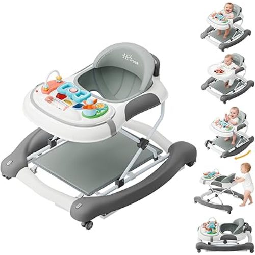 5-in-1 Foldable Baby Walker，Music and Lights Baby Walker with Wheels,Height Adjustable Infant Walker, with Activity Center, Rocker, Bouncer,Push Walker & Feeding Tray for Babies 6-18 Months (Gray)