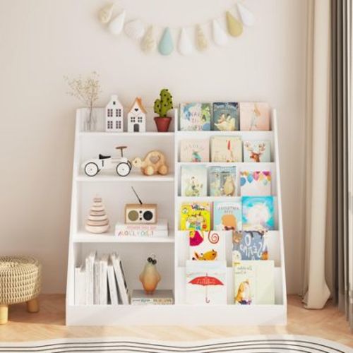 Wood Kids Bookshelf with Bookcase Display Stand, Toy Storage Organizer for Kids Room, Playroom, Nursery, White - ModernLuxe