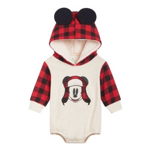 Disney Mickey Mouse Infant Baby Boys Fleece Bubble Romper Matching Family Cosplay Bodysuit Buffalo Plaid Cream White / Red 12 Months
