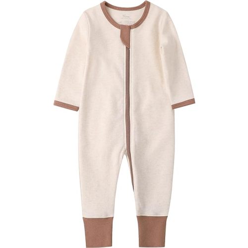 O2 BABY Baby Organic Cotton Footless Sleep and Play, Baby Boy and Girl Zip Front Romper, Long Sleeve Pajamas - 6-12 Months - Oatmeal Melange