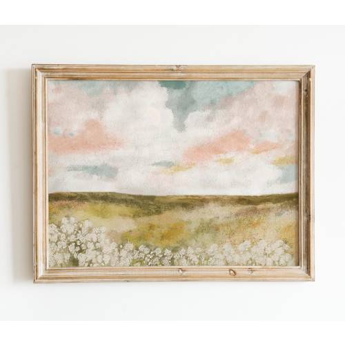 Spring Landscape Print | Cloudy Pink Sky | Printable Wall Art | Country Farmhouse Landscape Oil Painting | Neutral Pastel Girls Room Decor