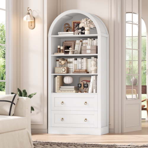 Hiphuta 70"Tall Arched Bookshelf, 4-Tier Bookcase with 2 Large Drawers, Wooden Display Shelf with Storage for Living Room Home Office, White